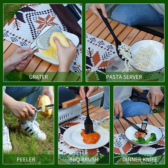 Wesqunie Camping Cookware Cooking Utensils Set - 30Pcs Camp Kitchen Essentials Set, Portable Outdoor Camper Gear Accessories, Stainless Steel & Silicone, Overland Equipment for RV Picnic Grill | Portable Camping Essentials, Stainless Steel Cookware Kit...