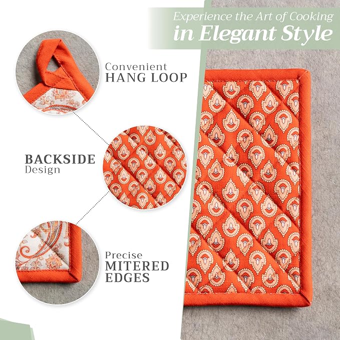 Maison d' Hermine 100% Cotton Oven Mitt & Pot Holder Set (7.5"x13" & 8"x8") | Heat Resistant BBQ Cooking Gloves with Loop Baking Grilling Kitchen Hotel Home Farmhouse Thanksgiving Christmas - Cachemire