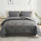 EMME Queen Comforter Set - 7 Pcs Dark Grey Boho Bedding Sets, Full Size Tufted Comforter with Sheets, Shabby Chic Embroidery Queen Bed Set Fluffy Bed Bag for All Season(90"X90")