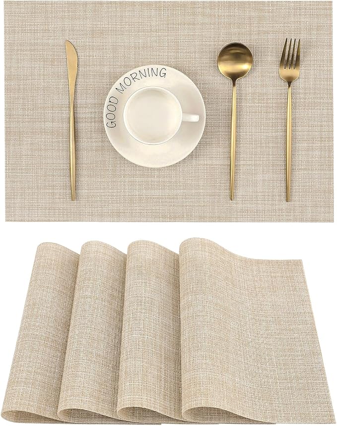 Leetaltree Beige Placemats Set of 4 - Heat-Resistant, Non-Slip Table Mats, Washable Woven Vinyl for Indoor & Outdoor Dining