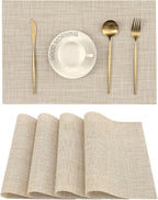 Leetaltree Beige Placemats Set of 4 - Heat-Resistant, Non-Slip Table Mats, Washable Woven Vinyl for Indoor & Outdoor Dining