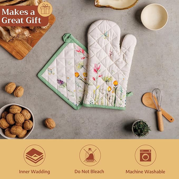 Maison d' Hermine Pot Holders 100% Cotton Potholders (8" x 8", Pack of 1) | Heat Resistant Hot Pads with Loop BBQ Cooking Baking Farmhouse Kitchen Handling Hot Pans Spring Summer - Botanical Fresh