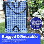 DURASACK Heavy Duty Home and Yard Bags 48-Gallon Reusable Self-Standing Lawn and Leaf Bags Garbage Can with Reinforced Handles, Gingham Blue, 3 Pack