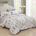 EMME Queen Comforter Set - Grey White Floral Bedding Set 7 PCS with Geometric Flowers Pattern, Soft Plant Printed Botanical Bed Set with Sheets, Fluffy Bed Bag for All Season(90"X90")
