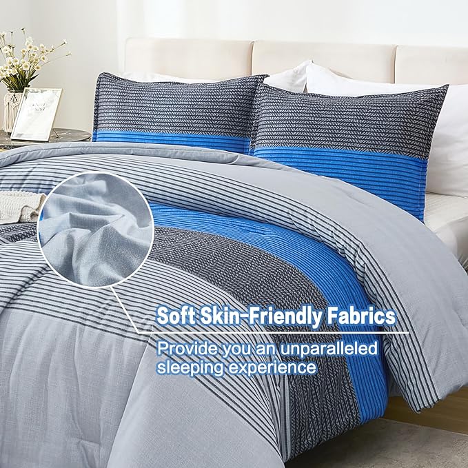 Litanika Blue Grey Bed Comforter Twin Set, XL Twin Comforter Boys Men Striped Bedding Comforter Set, 2 Pieces Lightweight Soft All Season Down Alternative Comforter
