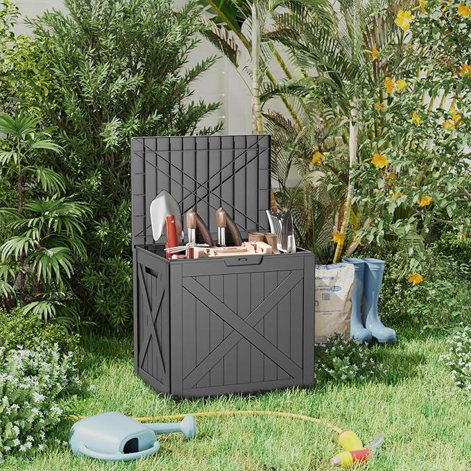 32 Gallon Resin Deck Box, Lockable Outdoor Storage Box for Patio Cushions Storage Furniture,Garden Tools, Pool Supplies, Weatherproof and UV Resistant（Black X）