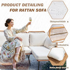 Greesum Outdoor Rope Woven Patio Furniture L-Shaped Conversation Sectional Sofa Set Detachable Lounger for Backyard Porch with Thick Cushions & Long Table, White