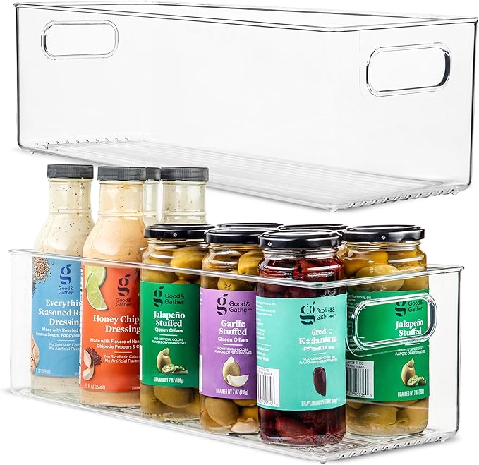 Plastic Food Storage 2 Pack Clear Container Bin with Handles for Organizing Kitchen, Pantry, Fridge, Freezer, Pantry, Bathroom. 14"x6"5"
