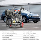 4400PSI Gas Pressure Washer with Hose Reel, One-Button Start 296cc 15HP 4-Cycle Engine, 4.0 GPM Heavy Duty Power Washer with 50FT 3/8" Hose, Spray Gun & Wand, 5 Quick Connect Nozzles