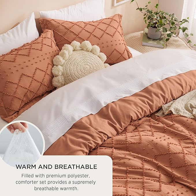 Bedsure Queen Comforter Set - Pumpkin Comforter, Boho Tufted Shabby Chic Bedding Comforter Set, 3 Pieces Vintage Farmhouse Bed Set for All Seasons, Fluffy Soft Bedding Set with 2 Pillow Shams