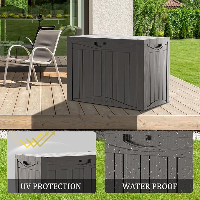 50GAL Brown Deck Box with Special Pattern & Lock Hole – Waterproof, SGS - Approved UV Resistance, Stylish Storage for Outdoor Cushions & Decor, Effortless Assembly