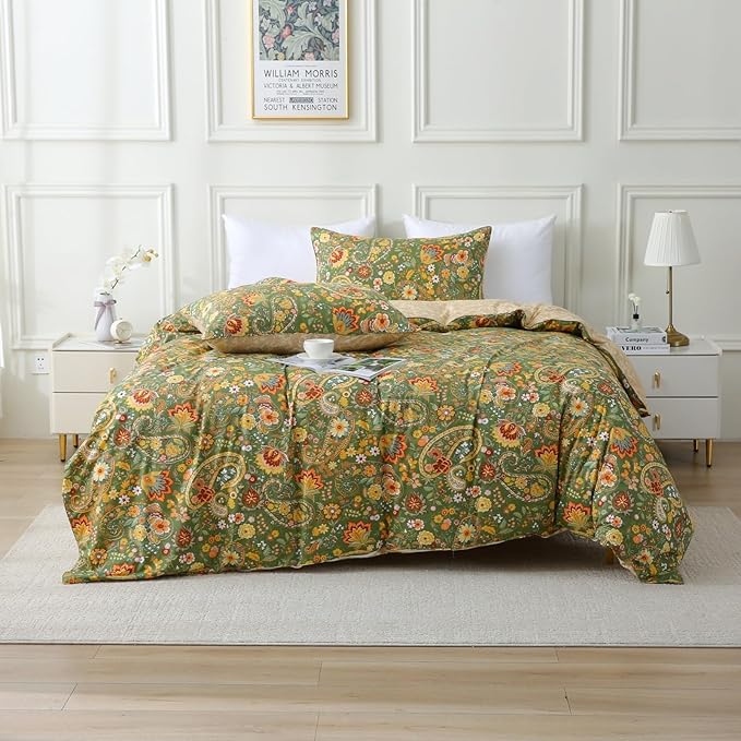 ABREEZE Paisley Bedding Sets 3Pcs Brushed Cotton Duvet Cover Set King Size Rustic Damask Green Floral Comforter Cover with Zipper Closure Boho Bedding Collections