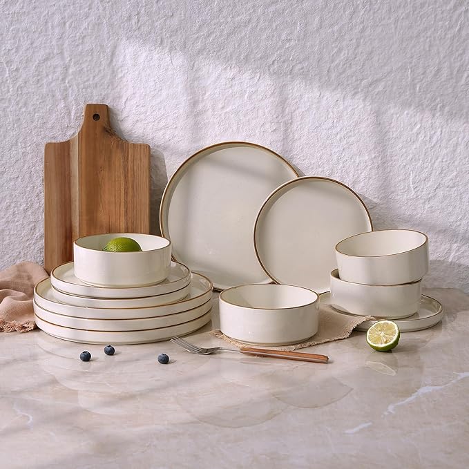 Famiware Nebula Plates and Bowls Sets for 4, 12 Pieces Stoneware Dinnerware Set, Microwave and Dishwasher Safe Dishes Set, Vanilla White with Brown Rim