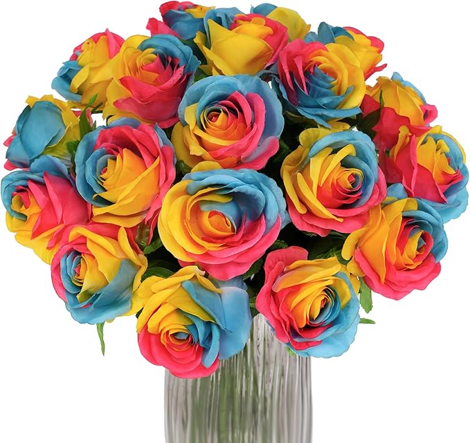 Rainbow Fake Roses Artificial Flowers - 10 Pcs Fake Artificial Roses Silk Flowers with Stems for Home Wedding Hotel Office Centerpiece Decor（Rainbow2）