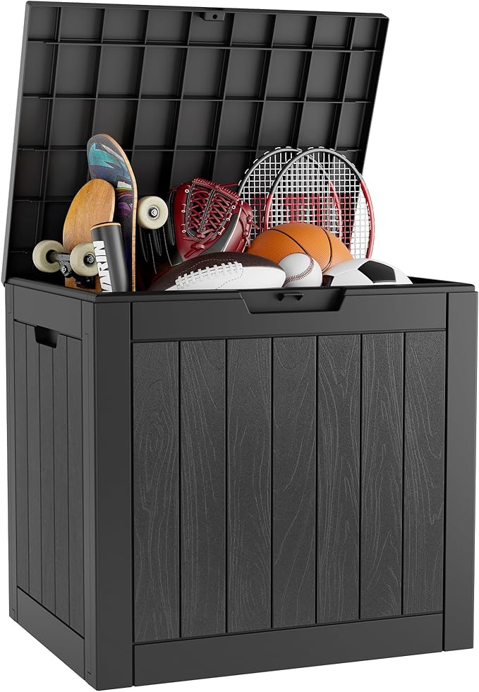 KAMABOKO Deck Box, 32 Gallon Resin Indoor and Outdoor Storage Boxes Waterproof for Garden Tools, Pool Accessories Storage Bench, Patio Furniture and Cushions with Lockable Lid, Black
