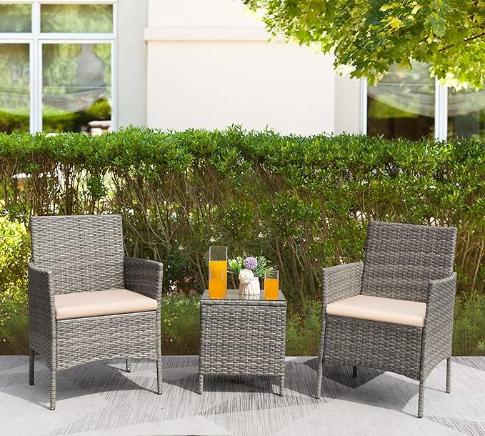 Greesum 3 Pieces Patio Furniture Sets Outdoor PE Rattan Wicker Chairs with Soft Cushion and Glass Coffee Table for Garden Backyard Porch Poolside, Gray and Beige