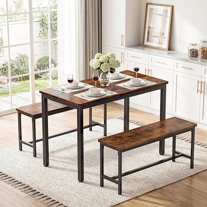 Dining Table Set for 4, Kitchen Table with 2 Benchs, Brown | Modern Functional 3 Piece Space-Saving Dining Room Table Set for Apartment, Breakfast Nook, Small Space