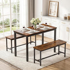 Dining Table Set for 4, Kitchen Table with 2 Benchs, Brown | Modern Functional 3 Piece Space-Saving Dining Room Table Set for Apartment, Breakfast Nook, Small Space