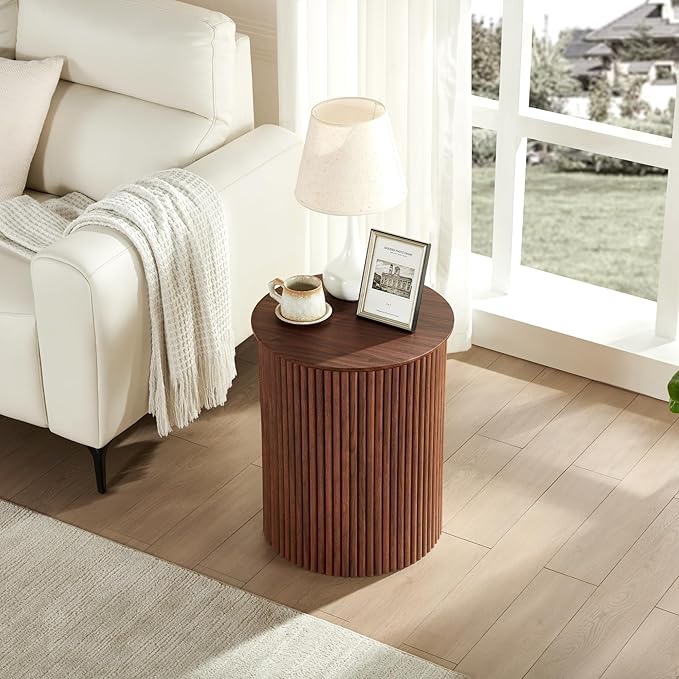 AVZEAR Fluted Round Side Table Small Mid Century End Table, 17.7" Fluted Nightstands Modern Circle Bedside Tables, Wood Night Stand for Small Spaces, Living Room, Bedroom (Rustic Walnut)