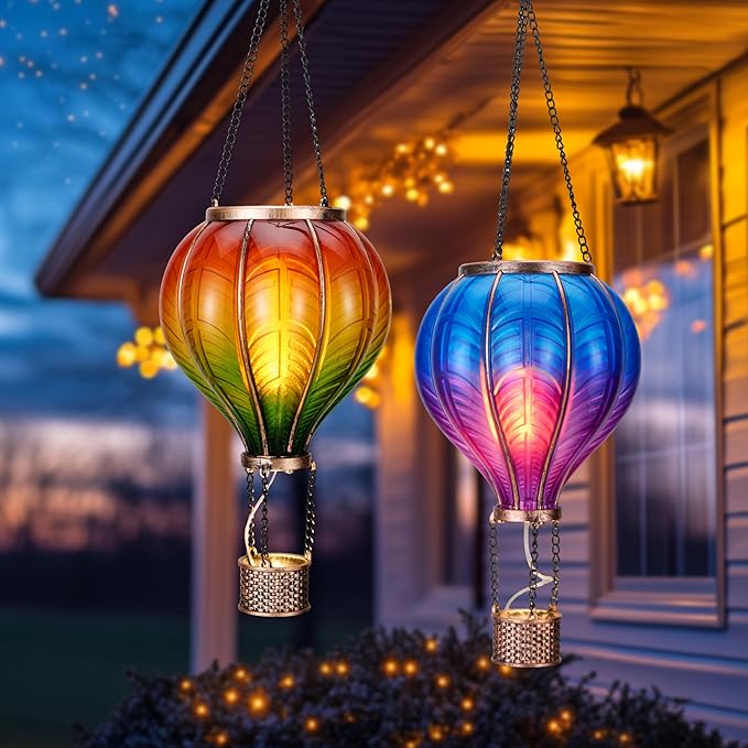 TERESA'S COLLECTIONS 2 Pack Hanging Solar Lantern Outdoor Garden Decor for Valentine ,Waterproof Plastic Hot Air Balloon Orange Flickering Flame Effect Lantern for Yard Tree,Gift for Mom,18"