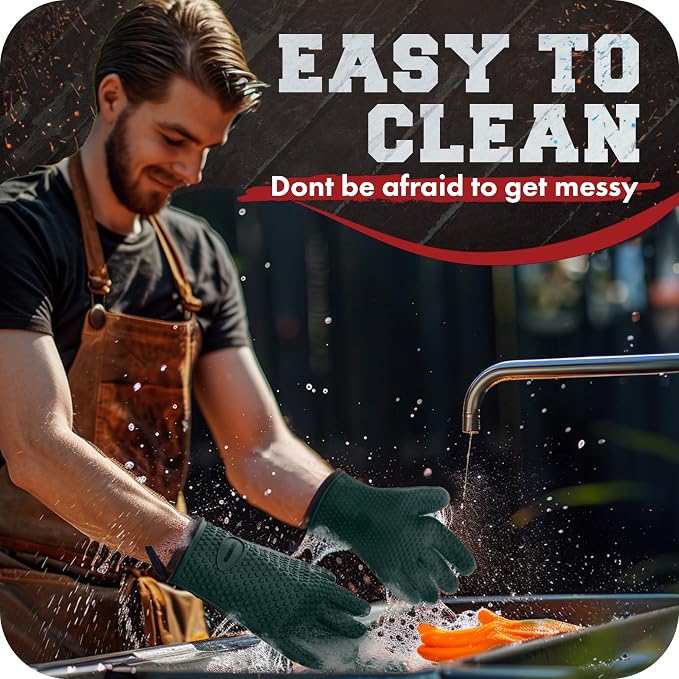 KITCHEN PERFECTION XL Silicone Smoker BBQ Gloves -Heat Resistant Oven Mitts | Waterproof, 5-Finger Design For A Better Grip, for Pitmasters, Meat Smoking, Grilling, Cooking, Frying Turkey | Grill Gift