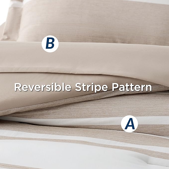 Bedsure Bed in a Bag Full Size 7 Pieces, Light Camel White Striped Bedding Comforter Sets All Season Bed Set, 2 Pillow Shams, Flat Sheet, Fitted Sheet and 2 Pillowcases