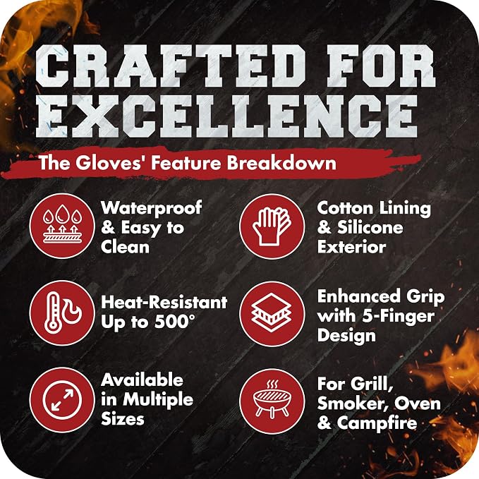 Kitchen perfection XL Silicone Smoker BBQ Gloves -Heat Resistant Oven Mitts | Waterproof, 5-Finger Design For A Better Grip, for Pitmasters, Meat Smoking, Grilling, Cooking, Frying Turkey | Grill Gift