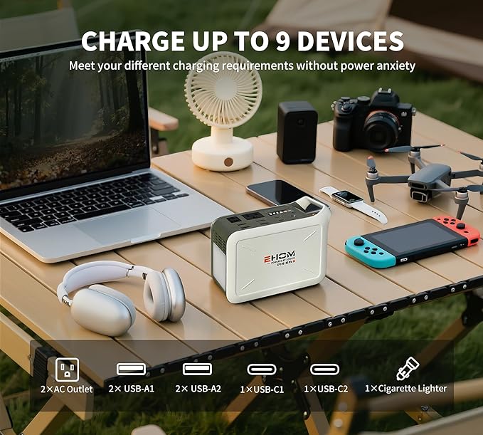 EHOM Portable Power Station 95Wh, 100W (Peak 120W), EP100-2 Camping Lithium Battery Solar Generator with 120V Pure Sine Wave AC/USB/Car Outlets, Backup Generator for Home Outdoor RV Camping Emergency