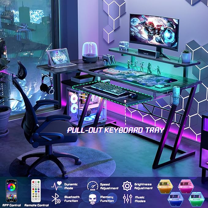 armocity L Shaped Gaming Desk with LED Lights and Outlets, PC Gaming Desk with Monitor Stand and Shelves, Reversible Gaming Computer Desk with Keyboard Tray & Z-Shape Legs, Grey Oak, 47"