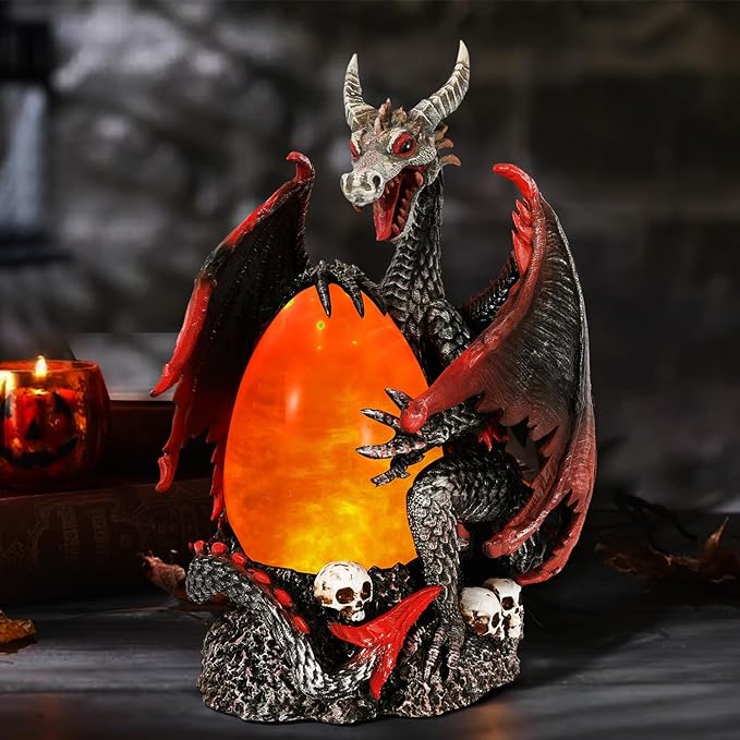 Evil Dragon Snow Globe Statue, Illuminated Water Filled Egg, Rotating Mist Effect, Skull-Embedded Base, Fire Dragon Egg Glow with 6H Timer, Battery Operated, Unique Halloween Snow Globe Holiday Decor