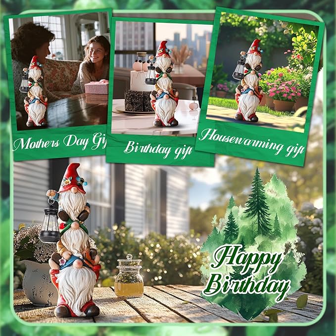Garden Gnome Statue with Solar Lights Garden Sculptures Funny Triple Gnome Outdoor Patio Lawn Yard Balcony Garden Home Decor Birthday Gifts for Women Mom Grandma 12 in Fall Gnome