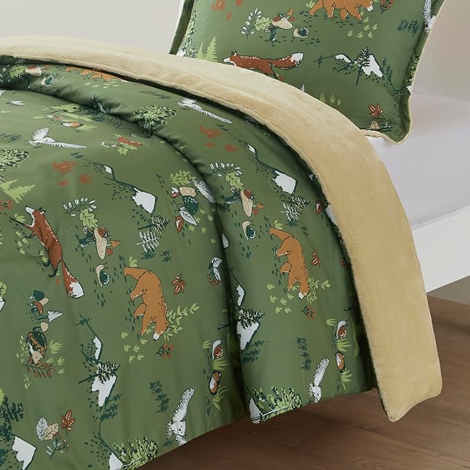 Mi Zone Kids Twin Comforter Set, Reversible Plush Kids Comforter Set, Cozy Plush Reverse Bedding, Winter Fluffy Comforter Bed Set, 1 Sham, Enchanting Forest Animals, Heath, Twin, Sage Green 2 Piece
