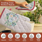 Maison d' Hermine 100% Cotton Oven Mitt & Pot Holder Set (7.5"x13" & 8"x8") | Heat Resistant BBQ Cooking Gloves with Loop Baking Grilling Kitchen Hotel Home Farmhouse Thanksgiving Christmas - Holly Time