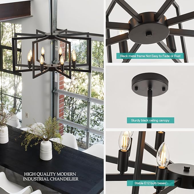 Modern Farmhouse Black Chandeliers for Dining Room, 8-Light Industrial Metal Chandeliers Geometric Pendant Lights Kitchen Island for Entryway Stairway Foyer Hallway