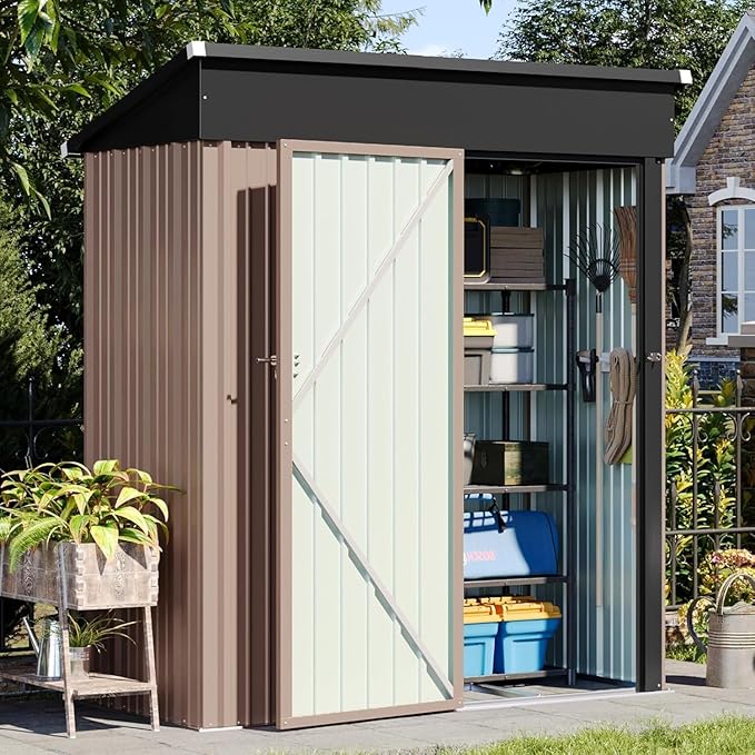 Aoxun 5x3 ft Galvanized Metal Outdoor Storage Shed with Base Slanted Roof Tool House with Stainless Latch & Base Frame Durable Weather-Resistant Garden Shed for Patio, Brown