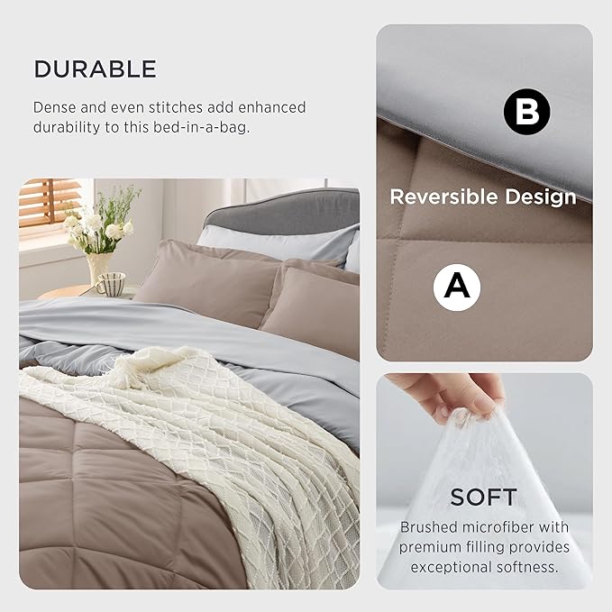Bedsure Taupe Twin Comforter Set - 5 Pieces Twin Bed in a Bag, Extra Long Twin Bed Set with Comforters, Sheets, Pillowcase & Sham, Twin Bedding Sets