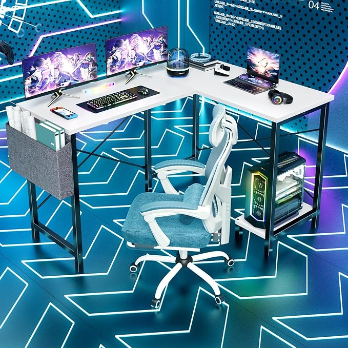 DUMOS Wood Computer Desk PC Gaming Table with Side Storage Bag for Home Office Small Spaces, White, 50 Inch