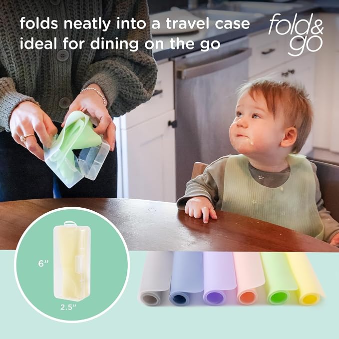 Olababy Fold N Go Silicone Placemat w Travel Case | Dishwasher Safe, BPA Free, Non-Slip, Waterproof | Mini Dining Mat for Infants, Babies, Toddlers and Kids (2, Coral/Lilac)