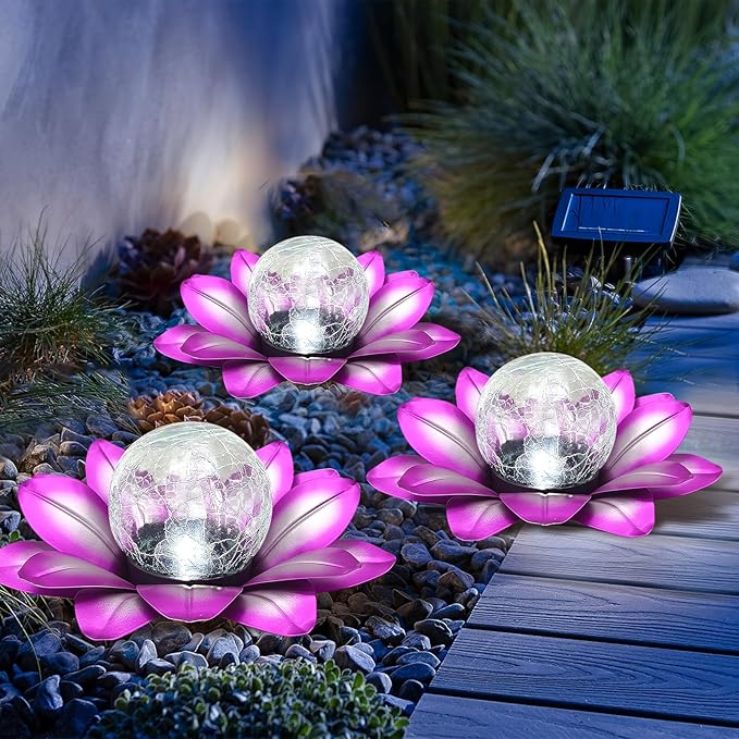 LEWIS&WAYNE Solar Garden Lights Outdoor, 3 Pcs Purple Lotus Flower Pathway Lamps with Cool White Crackle Glass Globe Led Lights for Patio Pathway Yard Balcony Garden Decorations