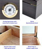 Premium Cigar Humidor - Holds 25-50 Cigars, Spanish Cedar Wood with Ebony Black Finish, Shatter-Resistant Glass Top, Built-In Hygrometer, Humidifier & Divider Included - 10.25" x 8.75" x 4.5"