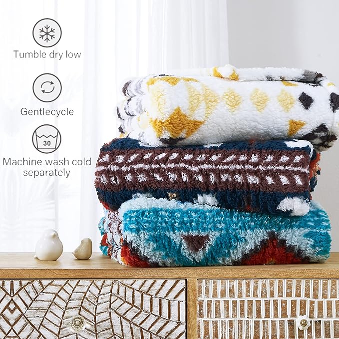 CASAAGUSTO Boho Sherpa Blanket, Aztec Twin Blanket, Ultra Soft, Warm, Cozy, Plush, Thick Fleece Western Blanket for Couch, Bed, Sofa (Navy Blue 60 * 80 Inch)