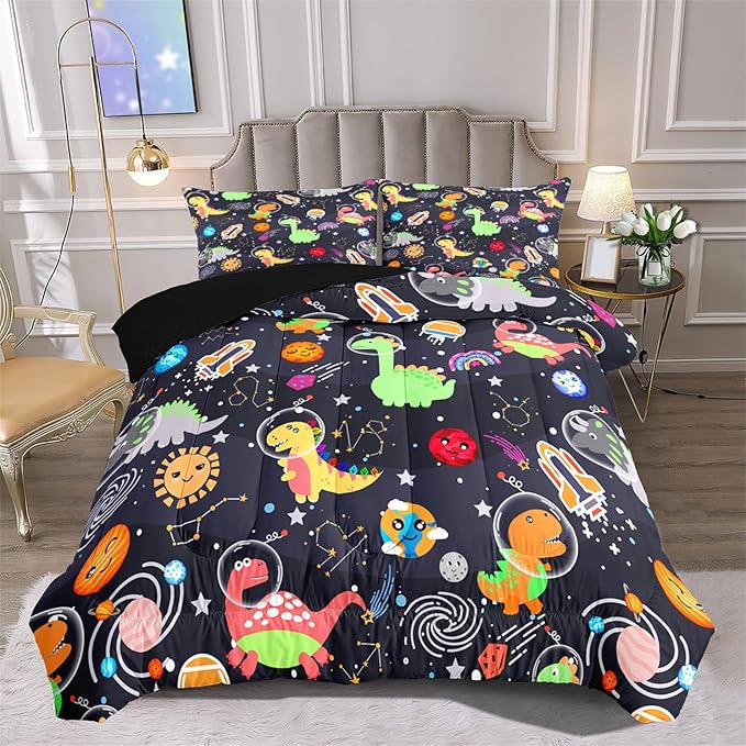 Dinosaur Bedding Set for Boys - 2Pcs Lovely Black Dinosaur Bedding Set for Bedroom Twin Size Cute Animal Patterns Dinosaur Comforter Set for Boys Girls Teens Kids Room Decor, 1 Quilt 1PillowCase