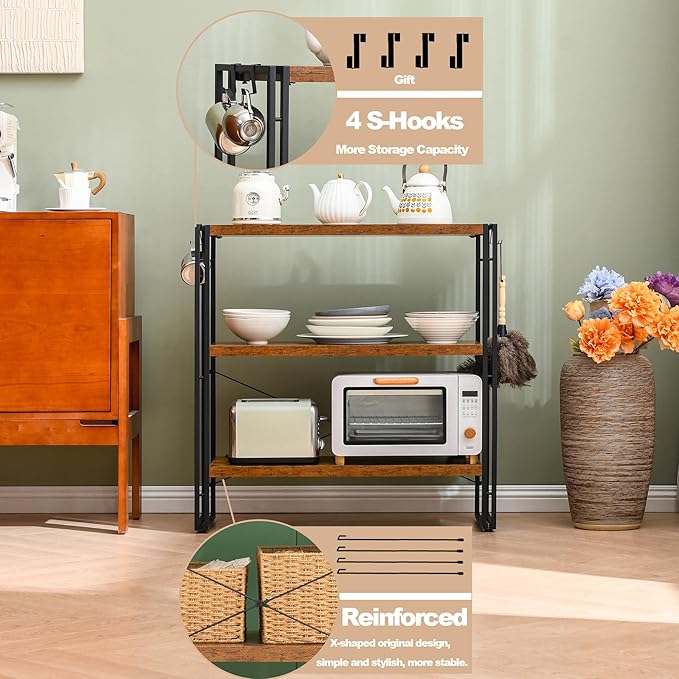 HCHQHS Bookshelf, 3-Tier Industrial Bookcase, Rustic Open Book Shelf, Freestanding Horizontal Bookshelves with Metal Frame