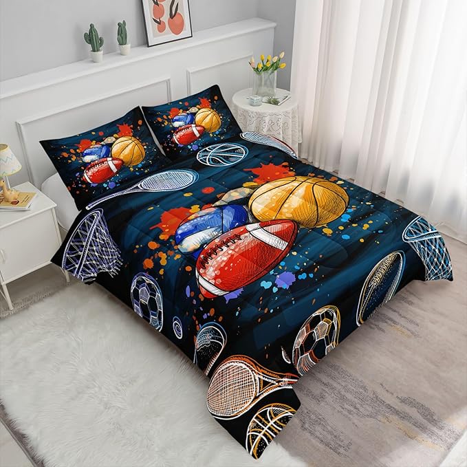 Axolotl Ball Game Bedding Set Queen,Basketball Comforter Set Sports Bedding,Volleyball Comforter Set Soccer Bedding,Football Comforter Colorful Grunge Style for Kids Boys Teens,1 Quilt 2 Pillowcases