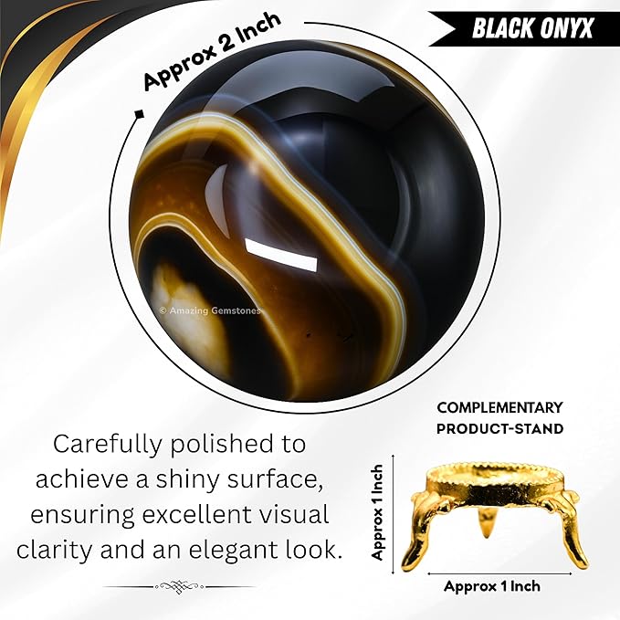 Amazing Gemstone Black Onyx Crystal Ball with Stand - 2" Inches Crystal Sphere Meditation Balls for Witchcraft and Decorative Balls