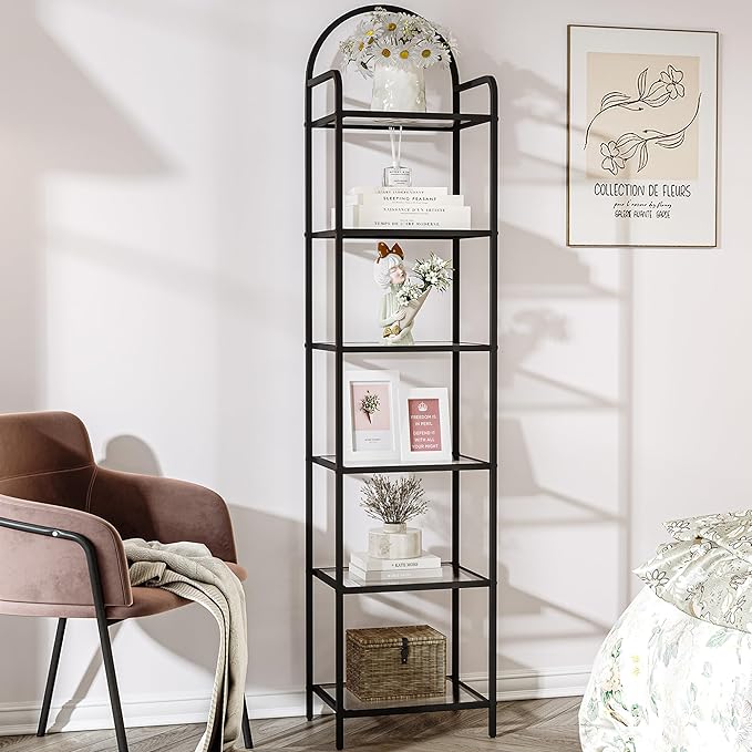Bookcase Bookshelf, Tempered Glass Bookshelves, Slim Shelving Unit for Bedroom, Bathroom, Home Office, Steel Frame, 6 Tier Black BC10601B