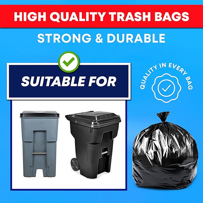 Veska 65 Gallon Trash Bags for Toter, (Value-Pack 50 Count w/Ties) Extra Large 64 Gallon Heavy Duty, 60 Gal Trash Bags Outdoor Garbage Can Liner for CustodiansExtra Large Garbage Bag 70 Gallon