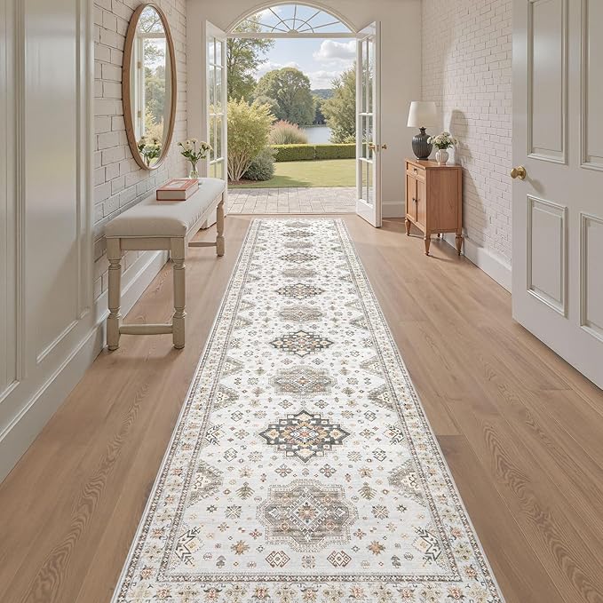 Washable 2.6x12 Runner Rug - Area Rugs Neutral Vintage Distressed Floral Farmhouse Boho Large Soft Floor Rug Indoor Carpet for Hallway Entryway Kitchen Home - Blue Brown