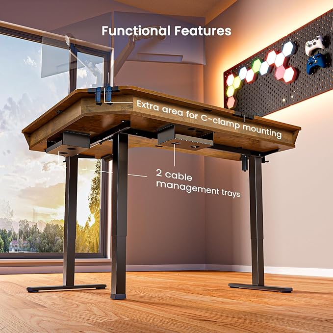 ErGear 65″ L Shaped Standing Desk for Gaming, [3 Drawers & 2 Cable Management Trays] Corner Stand up Desk w/Monitor Shelf Height Adjustable for Home Office, Vintage Brown