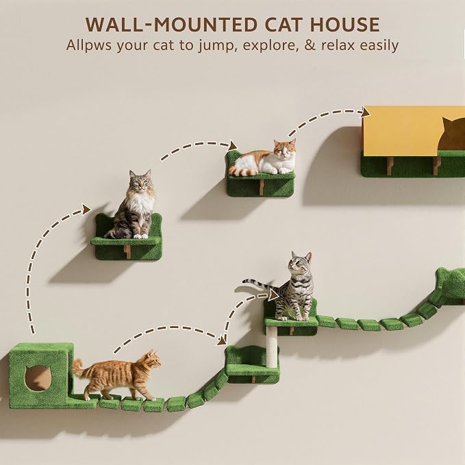 Cat Wall Furniture, 9 in 1 Cat Wall Shelves Set with Bridge, Beige | Wall Mounted Cats Shelf for Space-Saving, Multi-Level Cat Climbing Systems for 16 Inch Drywall, with Scratching Posts, Condos